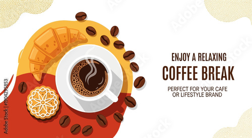 Overhead view of a steaming coffee cup, golden croissant, and decorative cookies, perfect for a relaxing breakfast or delightful break