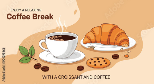 Enjoy a Relaxing Coffee Break with a Croissant and Coffee, Perfect for a Morning Treat