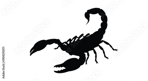A striking silhouette of a scorpion is displayed against a clean white background showcasing its distinctive form