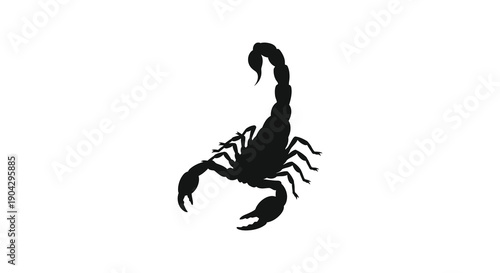 A striking silhouette of a scorpion is prominently displayed against a clean white background creating a bold image