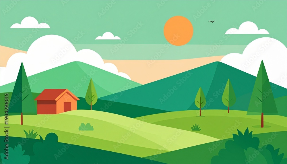 Obraz premium Cozy countryside cottage at sunrise with green hills and golden sky landscape illustration