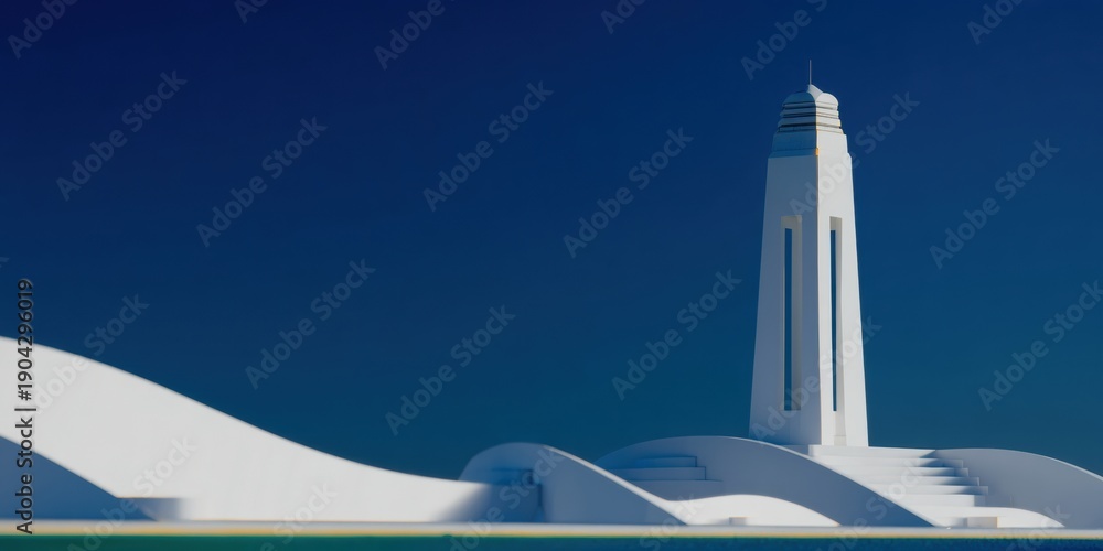 Fototapeta premium Minimalist white stone monument standing against a deep blue sky for architectural design, travel tourism banner, and national independence celebration with copy space