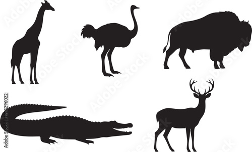 set of wild animal silhouettes including giraffe ostrich buffalo crocodile and deer isolated on white background for nature and safari design projects
