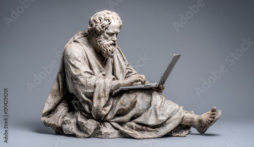 Statue of socrates sitting with a laptop, modern artistic representation of ancient greek philosopher