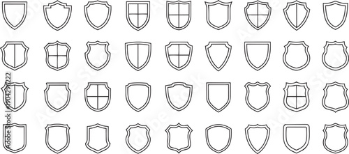 large collection of minimalist shield line icons and heraldic badge shapes for security and protection branding