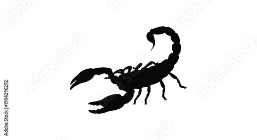 A striking silhouette of a black scorpion is prominently displayed against a clean bright white background high quality