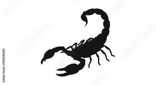 A striking silhouette of a black scorpion is displayed against a pure white background showcasing its form