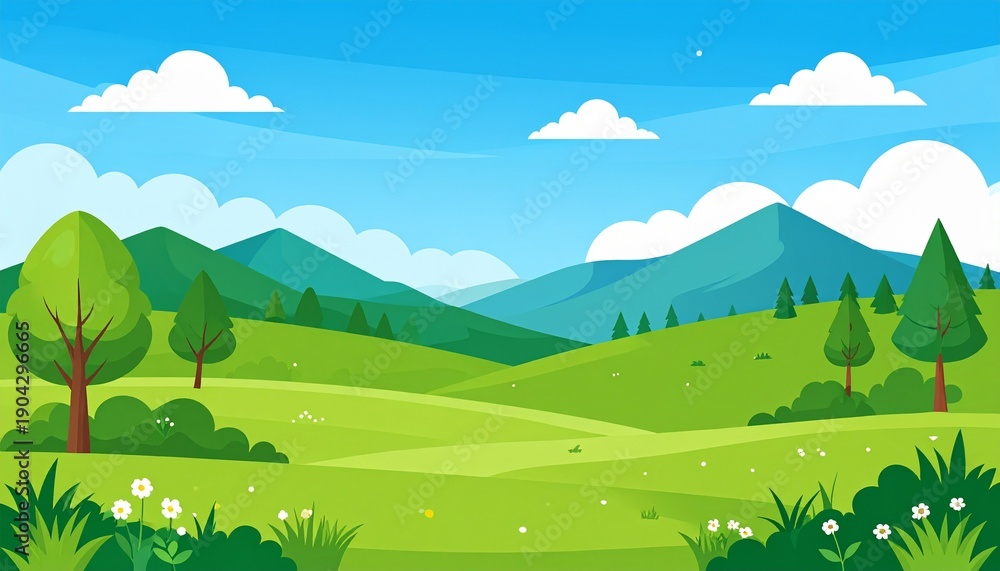 Obraz premium Scenic green valley landscape with blue sky and mountains summer nature background