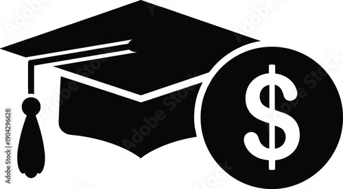 Graduation cap icon, dollar symbol, education finance, tuition cost, scholarship design, student loan, academic achievement, financial aid, degree value, economic education