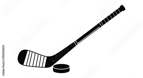 A stark black and white illustration depicts a hockey stick positioned diagonally above a puck high quality professional detailed modern