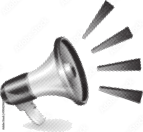 Black and white halftone illustration of a megaphone shouting important announcements loudly