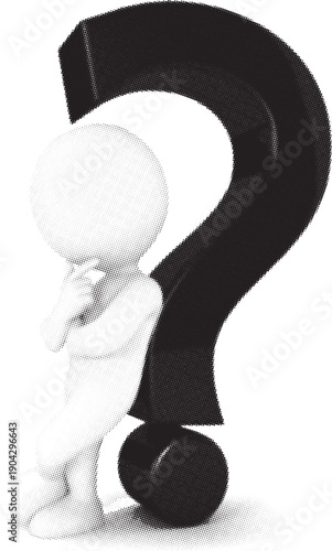 Small 3d person leaning thoughtfully against a large black question mark symbol