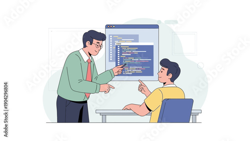 Coding Instruction Teacher Explaining Code to Student in Classroom Setting.