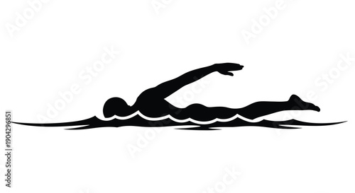 A stark black silhouette depicts a swimmer in mid stroke gracefully moving through wavy water high quality professional detailed