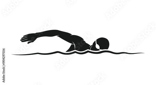 A stark black silhouette depicts a swimmer in motion performing the freestyle stroke in water high quality professional