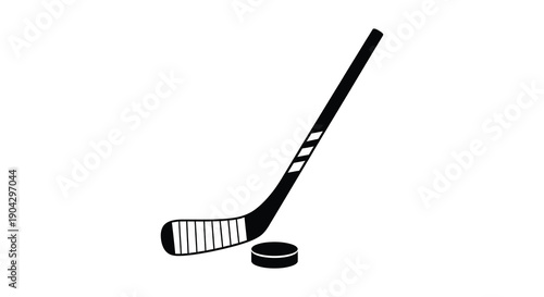 A simple graphic illustration depicts a black hockey stick positioned diagonally above a black puck high quality professional