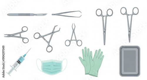 Collection of Medical Instruments and Supplies for Surgery and Healthcare