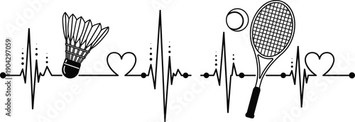 PrintBadminton Heartbeat Line Illustration with Shuttlecock Racket and Love Symbols in Minimal Black and White Sports Fitness Style