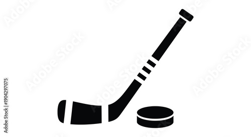 A black and white graphic depicts a hockey stick leaning diagonally over a puck symbolizing the sport