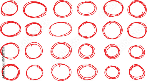 large collection of red hand drawn circle highlights and messy marker oval shapes for emphasis and correction marks