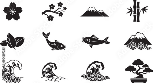 A collection of traditional japanese symbols and icons in black and white