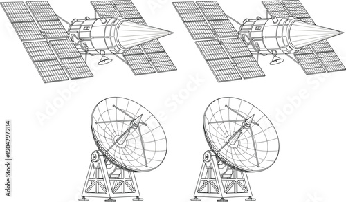 Satellite and Radio Telescope Line Illustration Set with Space Communication Antenna and Orbital Technology Equipment for Science Designs