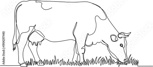 Cow Standing And Eating Grass Continuous One Line Drawings