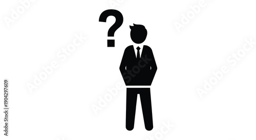 A simple black silhouette depicts a businessman with a question mark above his head high quality professional detailed