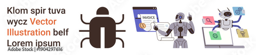 Digital security, artificial intelligence, malware detection, automation, data analysis, and online security. Visual includes a bug, robot and interconnected files. Cybersecurity and AI in focus