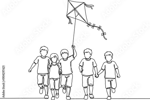 Fotografi Happy Healthy Children With Kite Run Together Outdoor Line