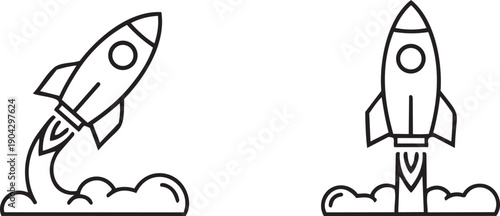 space rocket launch line icons and start up business concept symbols with flame and smoke clouds
