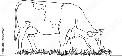 Cow Standing And Eating Grass Continuous One Line Drawing