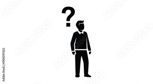 A minimalistic black silhouette of a man appears to be pondering symbolized by a question mark above his head