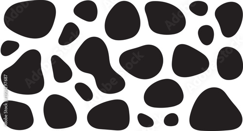 abstract cow print pattern with organic black spots and dalmatian pebble shapes for textile and animal skin design