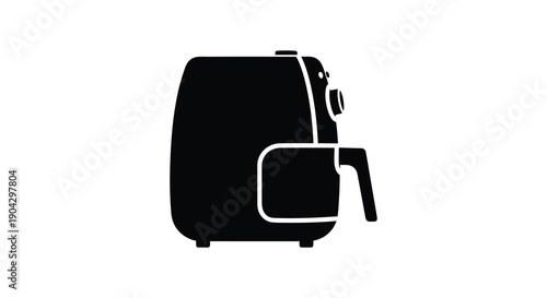 A minimalist black silhouette depicts a modern air fryer focusing on its boxy shape and handle high quality