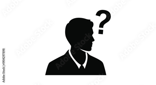 A stark black silhouette of a man s head is shown with a question mark replacing his face symbolizing uncertainty