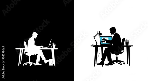 Man working at desk with laptop and lamp silhouette.