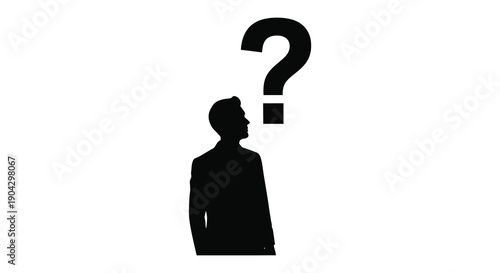 A minimalist silhouette of a person looking upwards towards a large black question mark symbol high quality professional