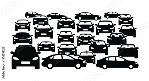 A dense collection of black silhouette cars are arranged in a chaotic overlapping pattern suggesting traffic high quality