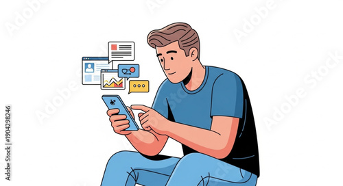 Man using smartphone with social media notifications popping up.