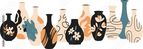 Modern Abstract Ceramic Vase Vector Illustration Set with Decorative Hand Drawn Patterns in Minimal Contemporary Art Style