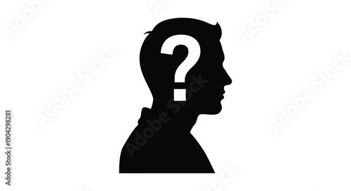 A striking silhouette of a human head profile is depicted with a large white question mark replacing the face