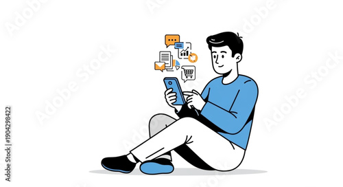 Man Sitting Using Mobile Phone with Notifications.
