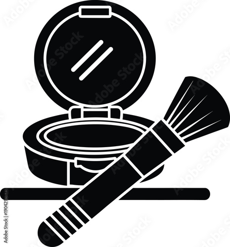 Makeup compact icon, cosmetic brush, beauty product, powder case, mirror design, grooming accessory, personal care, fashion symbol, cosmetic packaging, silhouette illustration