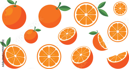Orange Fruit Vector Illustration Set with Whole Citrus Fruits, Sliced Oranges, Segments, and Leaves in Bright Flat Style