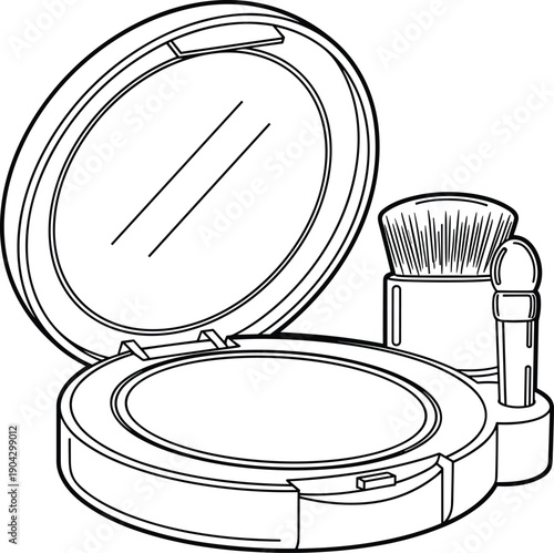 Makeup compact kit, cosmetic brush, sponge applicator, beauty product, powder case, mirror design, grooming accessory, personal care, fashion symbol, silhouette illustration