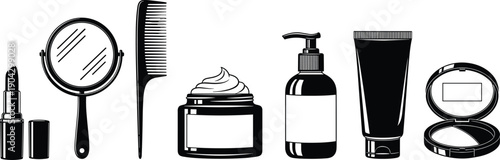 Beauty, cosmetics, makeup, mirror, comb, cream, bottle, tube, powder, lipstick, skincare, salon, fashion, vector, illustration, isolated, cosmetic, tools, glamour, care