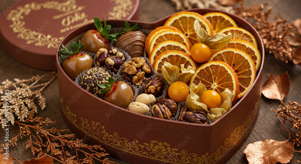 Fototapeta premium Heart-shaped box of assorted chocolates and dried fruits on wooden table 