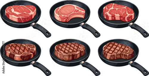 Fresh raw beef steaks and grilled meat fillets in black frying pans set isolated on white background vector illustration.