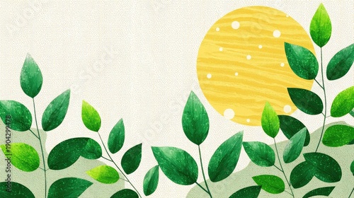 Bright Yellow Sun with Green Leaves on Light Textured Background